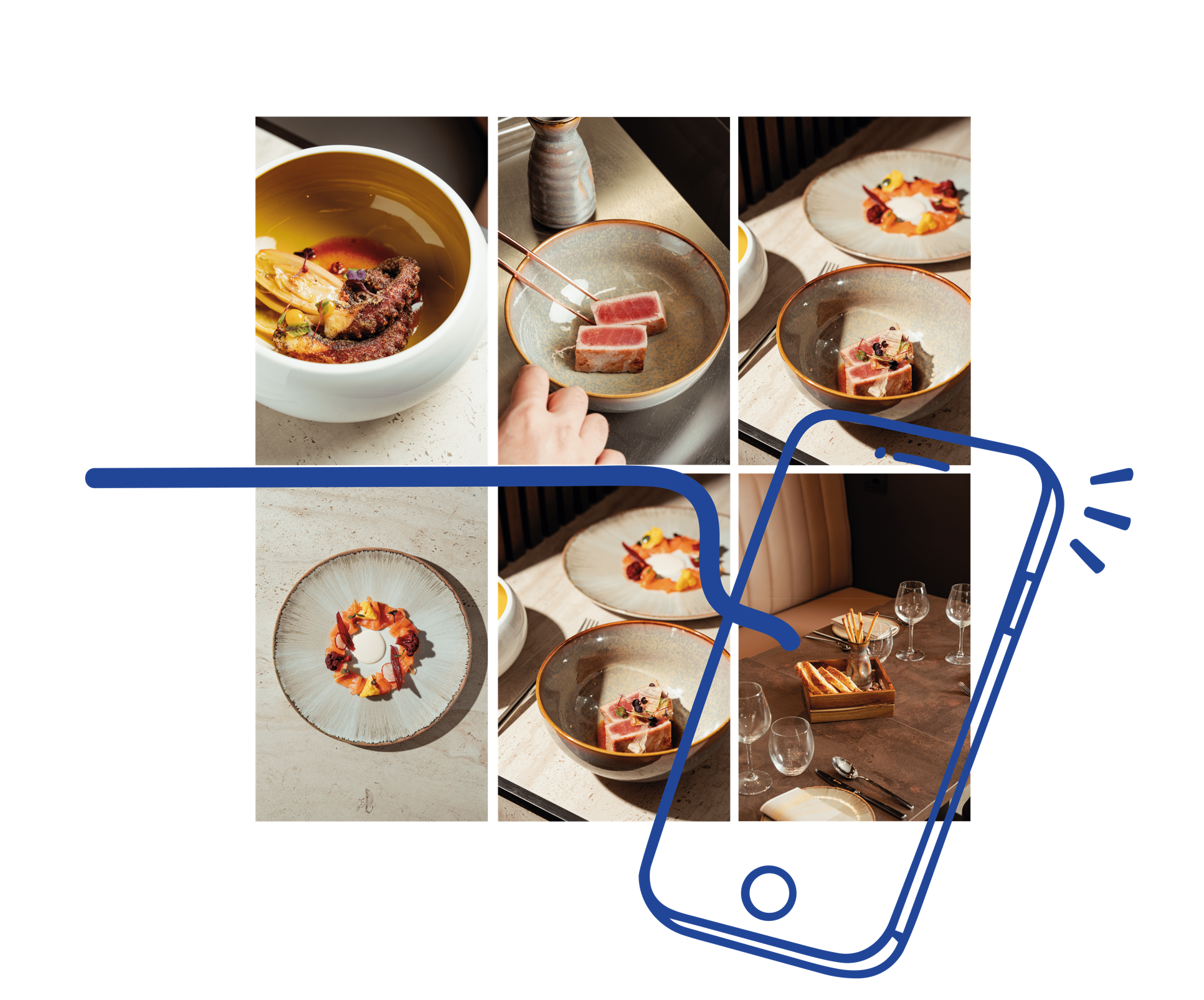 Composizione Communication con collage fotografico e smartphone illustrato